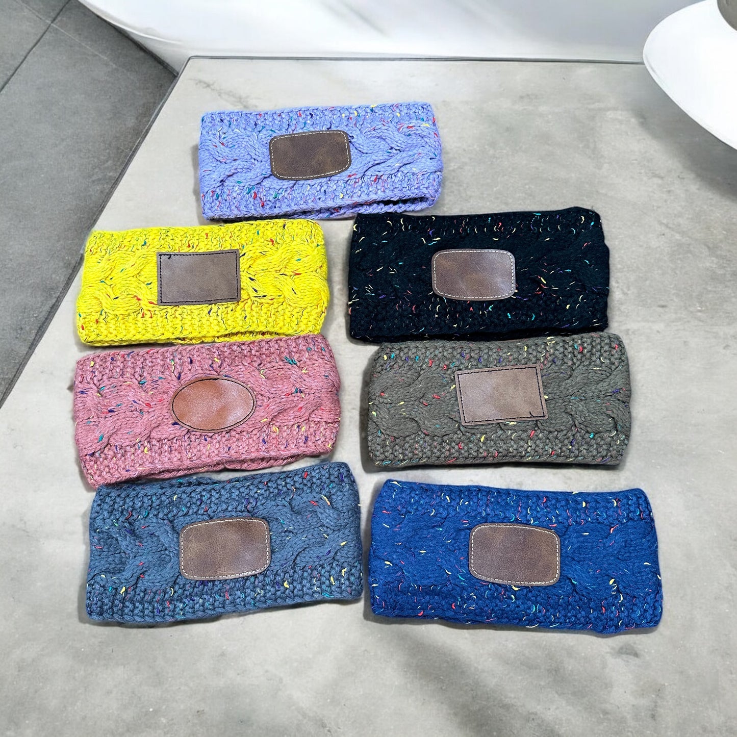 Personalized leather patch ear warmer